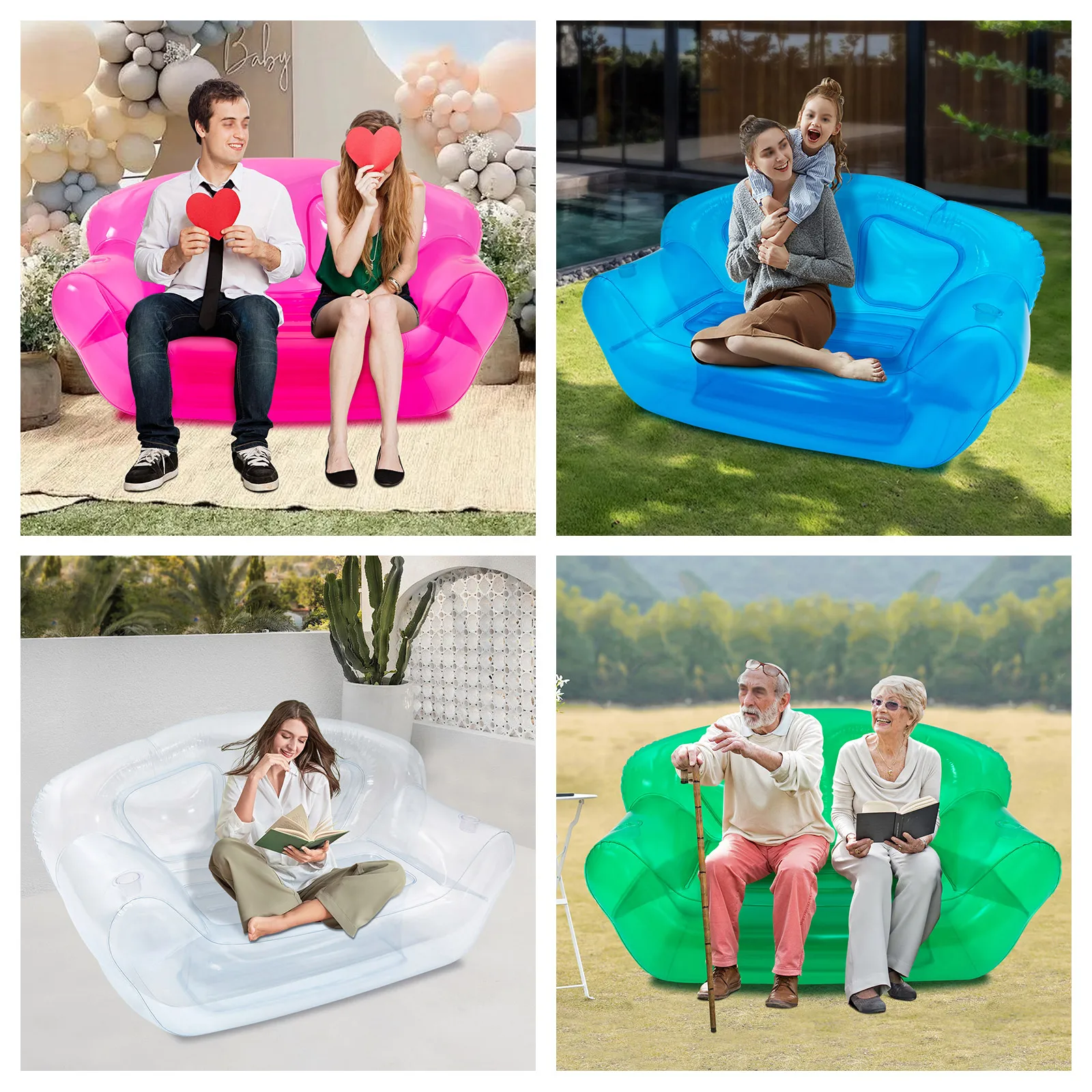 Inflatable Double Person Sofa Clear/Pink/Blue/Green Blow UP Chairs Portable Air Sofa Camping Yard Couchs Outdoor Activitiy 2