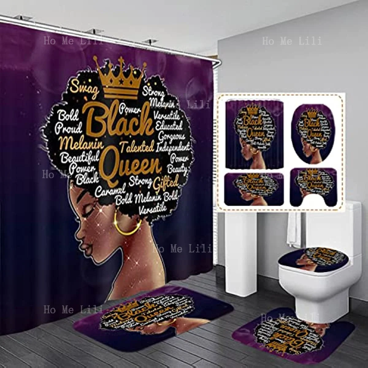 Black Queen Shower Curtain Set With Carpet African American Girl With