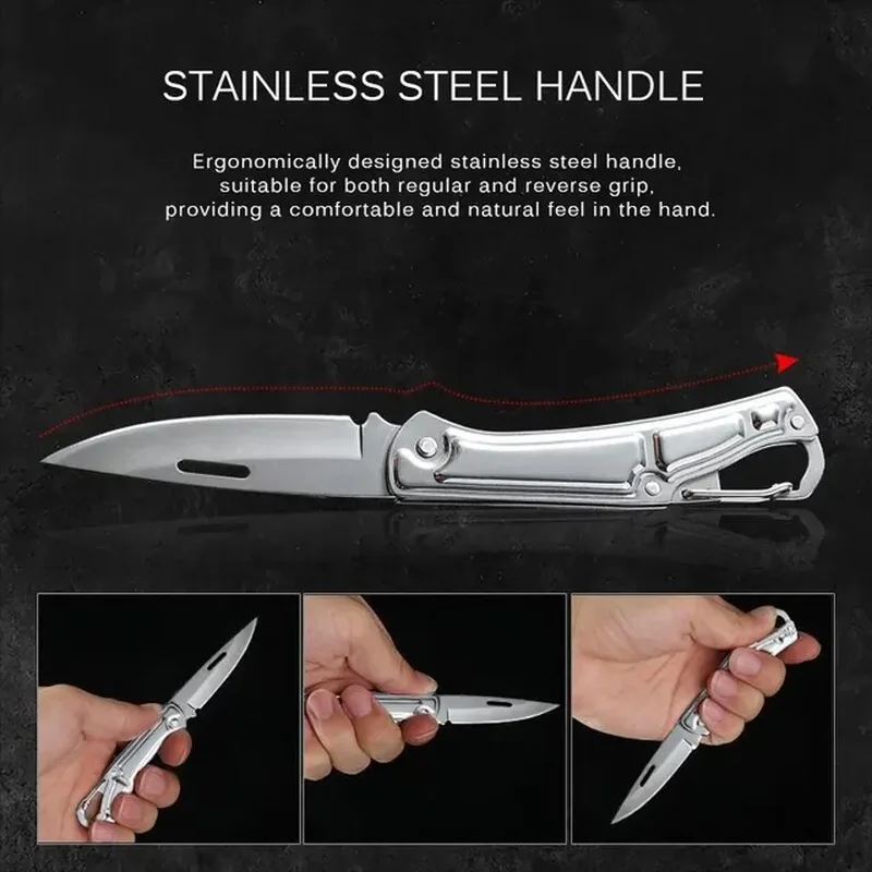Pocket fruit cutter. Stainless steel. Non-slip grip. Folds for portability. Kitchen.
