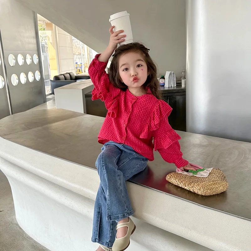 Larua Kors Korean Clothing Set Girls Long Sleeve Single Breasted T-shirt  Denim Flare Pants Cute 2 Pcs Sets Girls Clothes 18M-6T - AliExpress