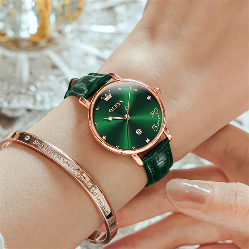 Watch For Women OLEVS Elegant Leather Calendar Waterproof Clock Fashion Forest Green Ladies Watch Gift Reloj Para Mujer