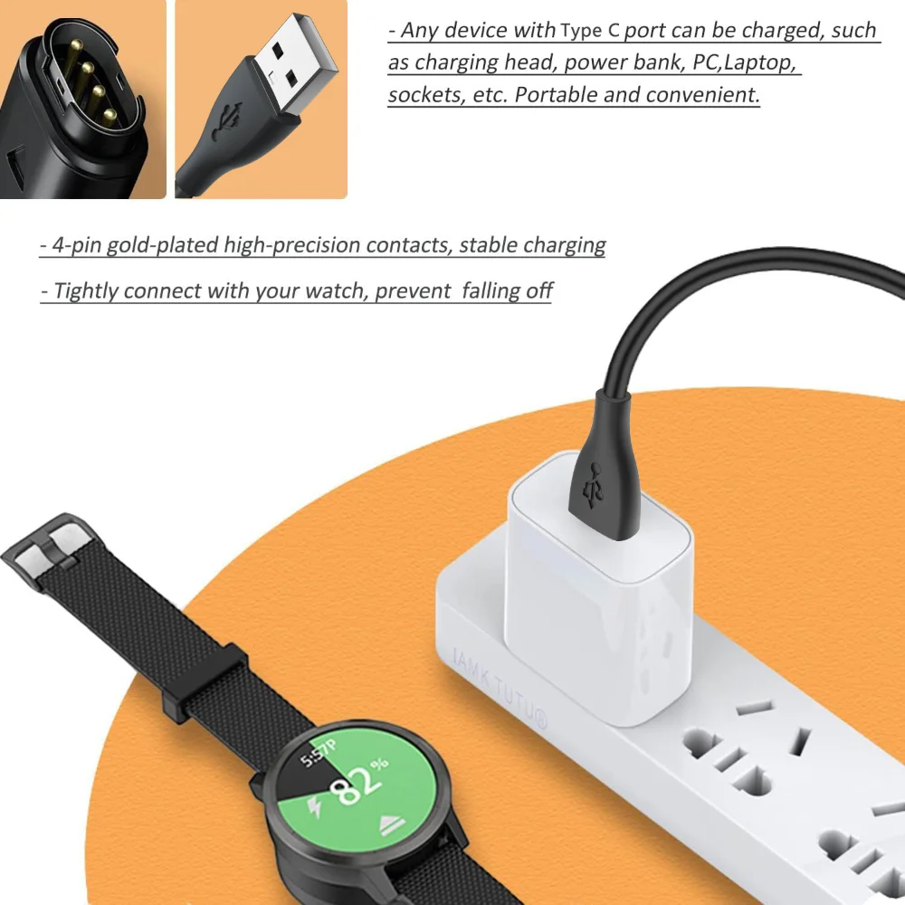 USB Replacement Charger Charging Cable for Garmin Vivosmart 5 Vivomove 3/3S Style Sport USB-C Smartwatch
