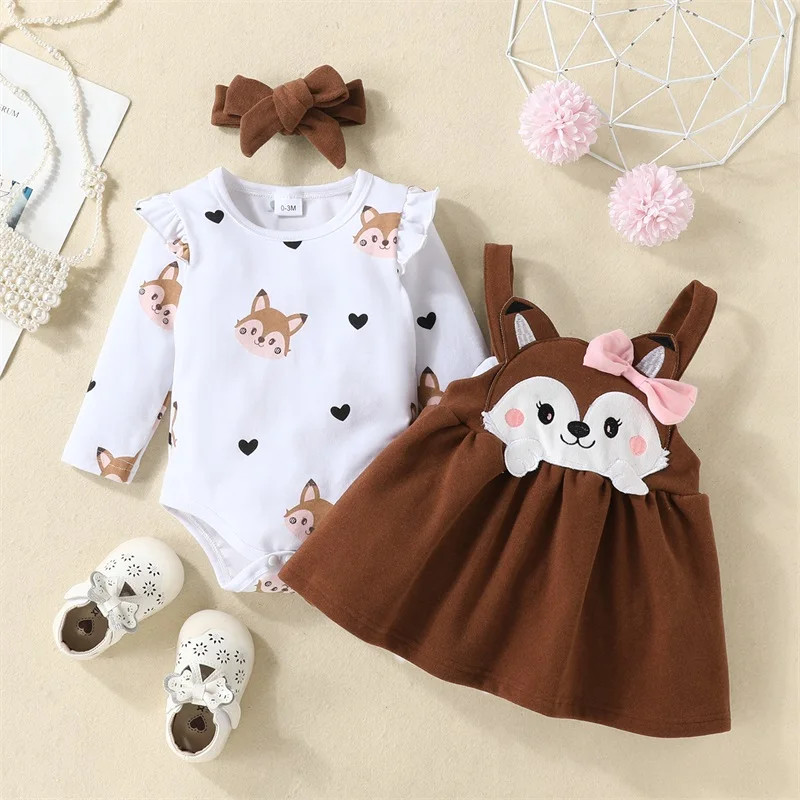 

Infant Baby Girls Autumn Outfits Long Sleeve Ruffle Romper And Fox Print Suspender Skirt Headband 3 Piece Sets