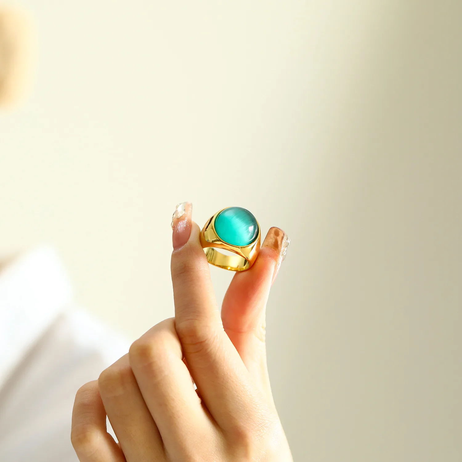 Vintage Multicolour Cat's Eye Stone Chunky Rings Colour Opal Glass 18K Gold Plated Knuckle Ring Stainless Steel Designer Jewelry