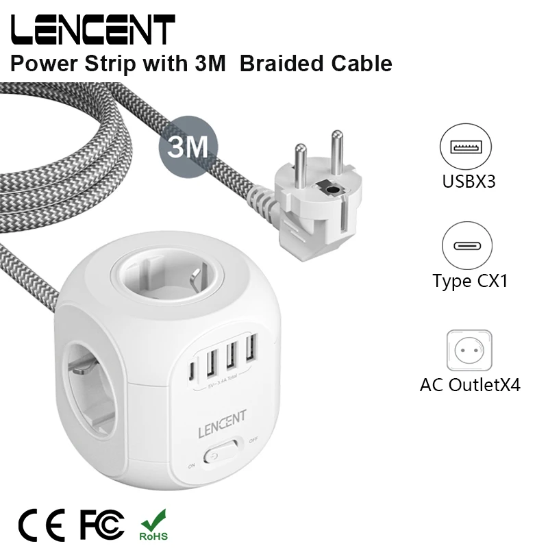 LENCENT Power Strip with 4 AC Outlets 3 USB Port 1 Type C 3M Braided Cable Multi Socket Extender with Switch for Home Office