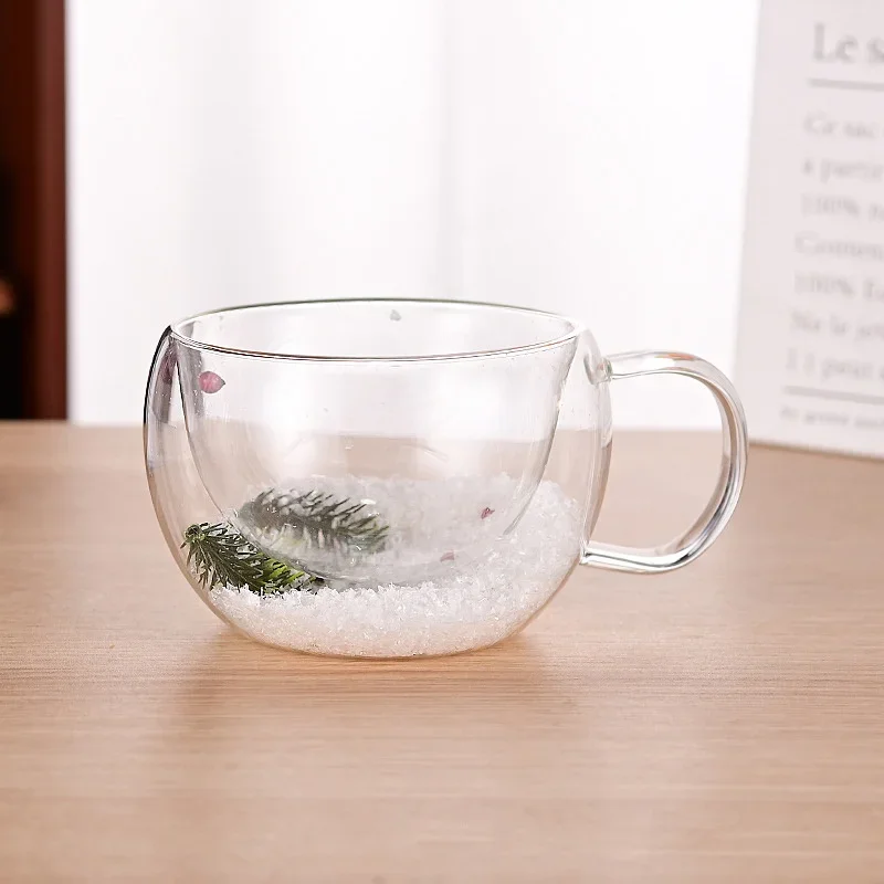 Double Wall Glass Cup with Real Dried Pine Needles for Hot and Cold Drinks
