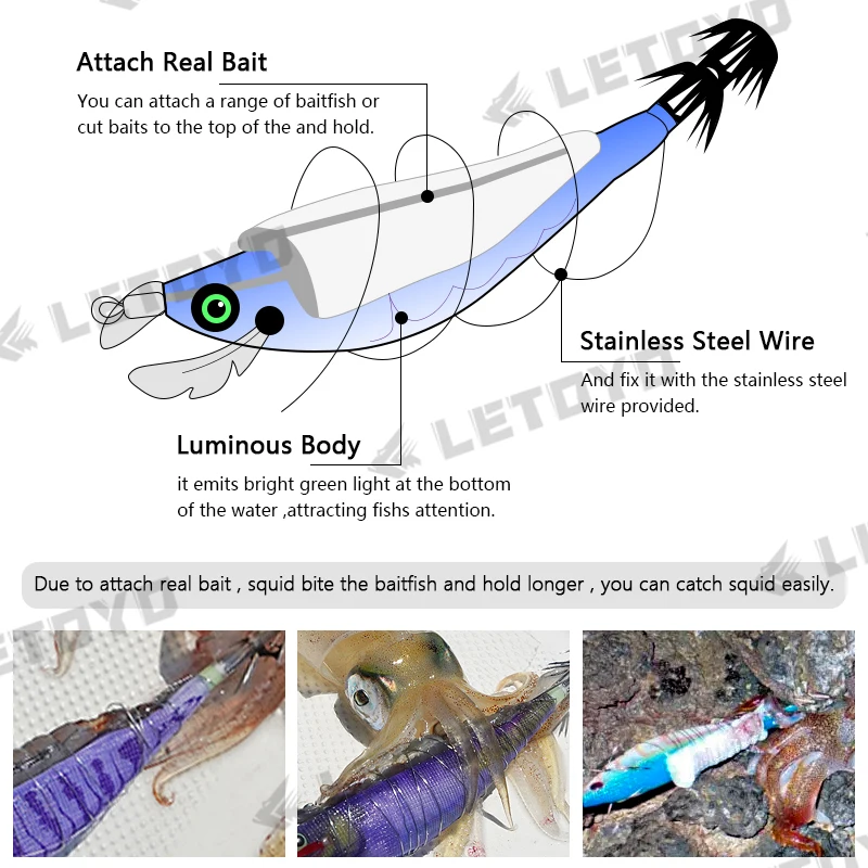 LETOYO Egi Sutte Floating Squid Jig 15g 115mm Sea Fishing Lure With Steel Wire Luminous Squid Hook Jigging Bait For Cuttlefish