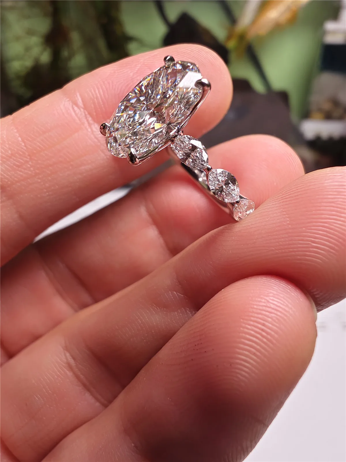 18K Solid Gold Lab-Grown DiamondOval 4CT E VVS2 Engagement Ring Accented with Marquise Diamonds, Custom Platinum Engagement Rin 6