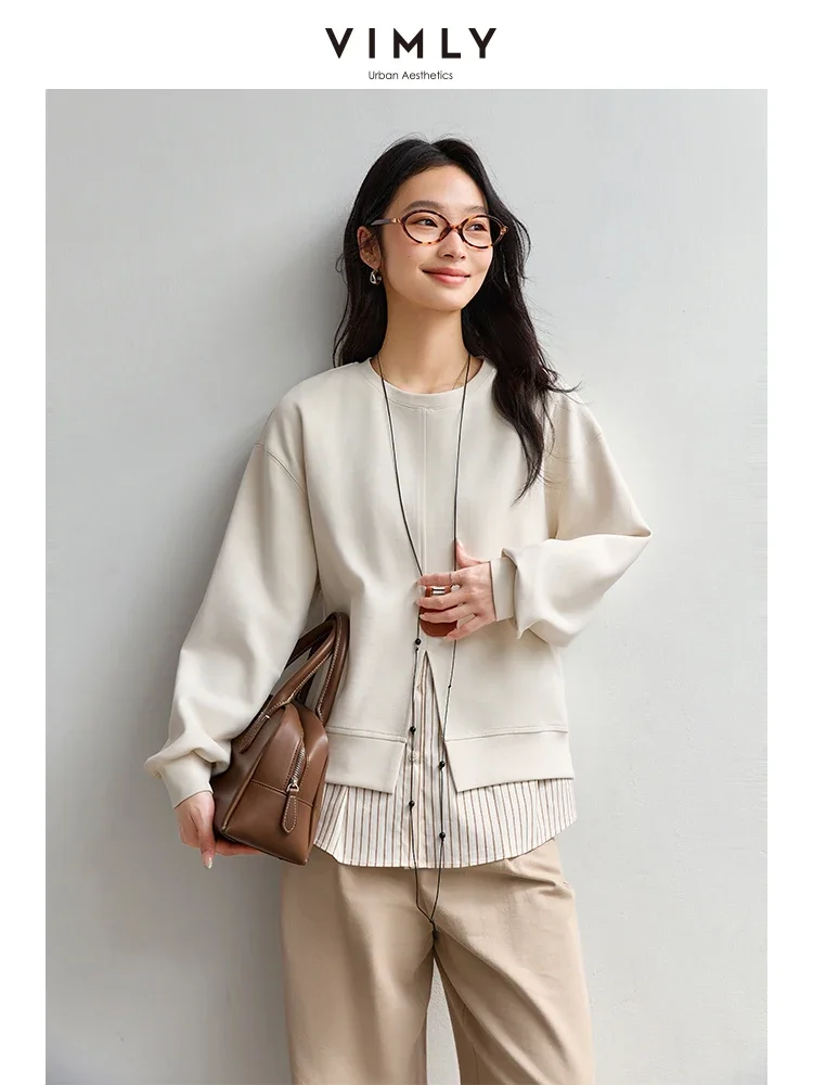 VIMLY Women Commuter Fake 2PCS Spliced Stripe Split at HemSweatshirt 2025Spring Lazy Style Simple Casual Versatile Top Pullovers 4