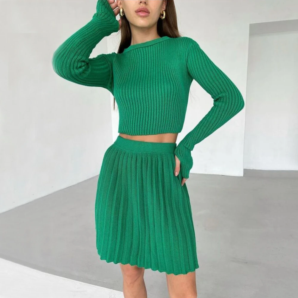Autumn New Knitted Skirt Sets Women Solid Suits with Skirt Long Sleeve Slim Crop Sweater and Pleated Skirt Casual Matching Sets plus size jogging suits