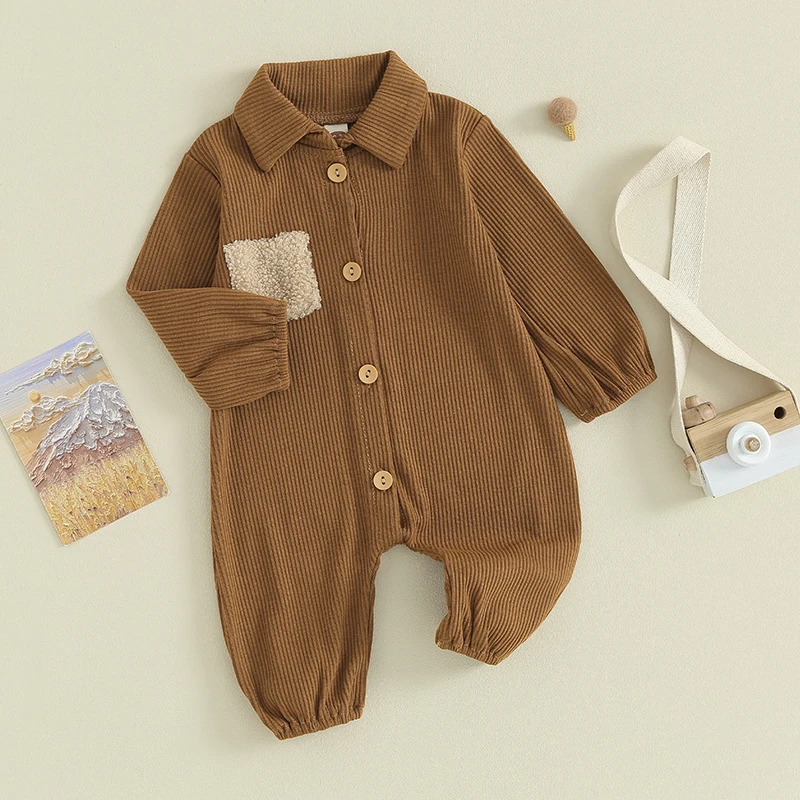 

Newborn Baby Contrast Color Jumpsuit Long Sleeve Buttons Front Lapel Footless Romper Spring Fall Bodysuit Casual