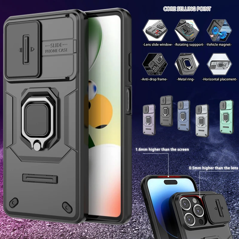 Per Xiaomi Redmi Note 12 Pro Plus Custodia Slide Camera Protect Custodie Per Telefoni Per Redmi Note 12 Pro Note12 5G Ring Holder Cover Posteriore