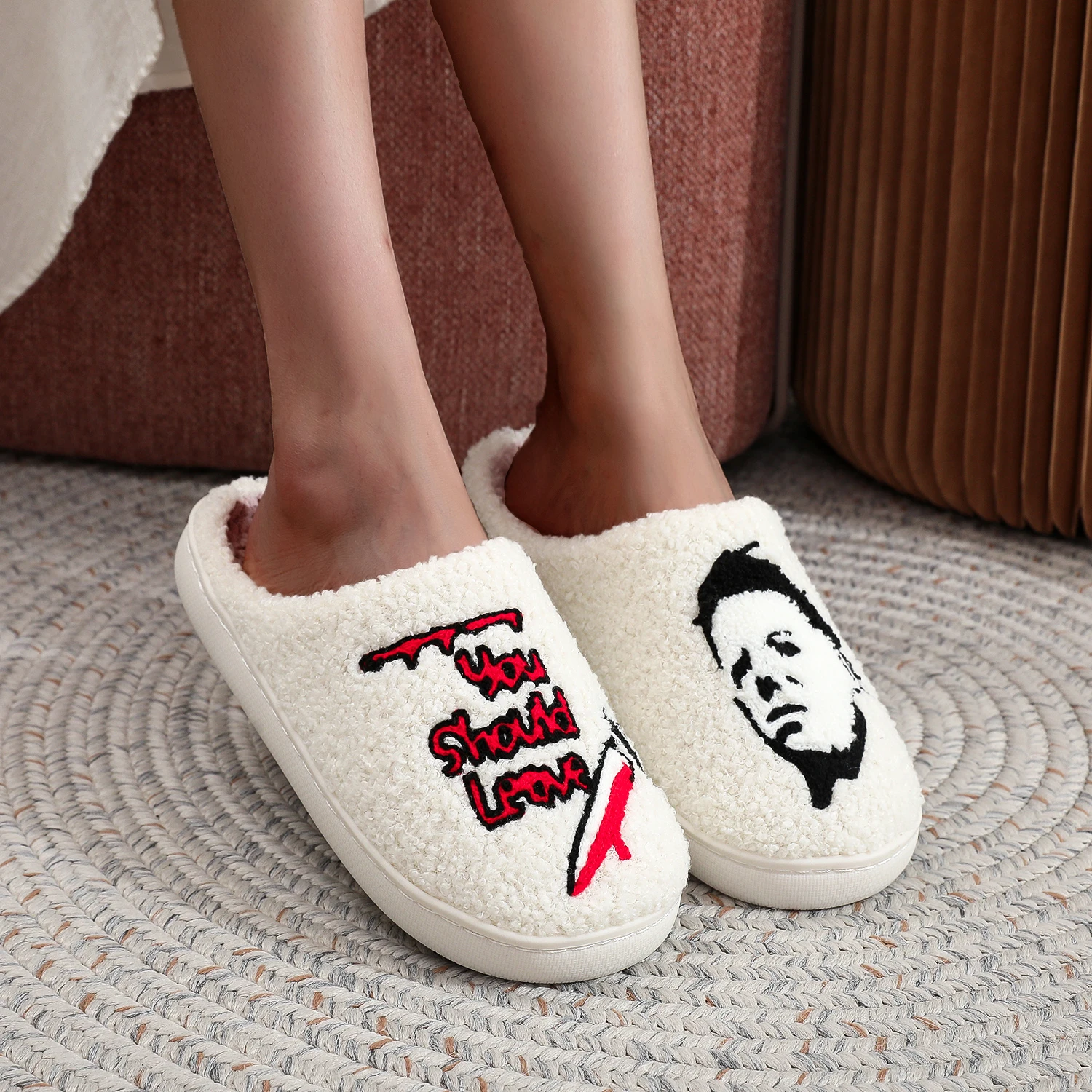 Horror Thriller Movie Michael Myers Halloween Embroidery stuffed Home Thick Sole plaid Furry Cotton Slippers Cute Warm Non-slip Indoor Slippers For Gifts 6