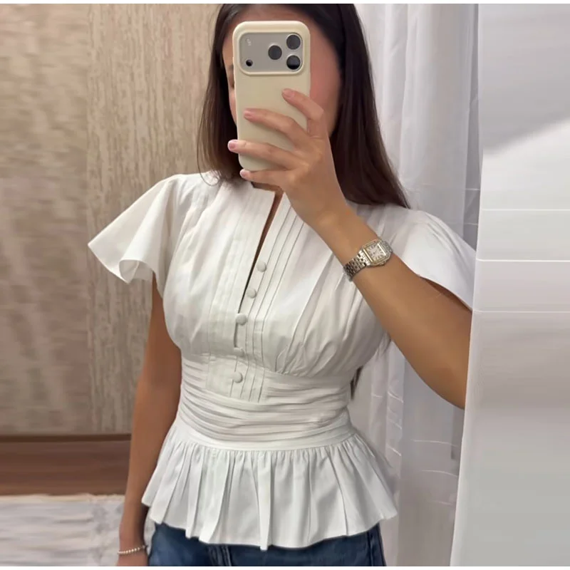 ตัวเลือกสินค้า เสื้อแขนสั้นระบายชาย คอโอ ทรงสวย ใส่สบาย