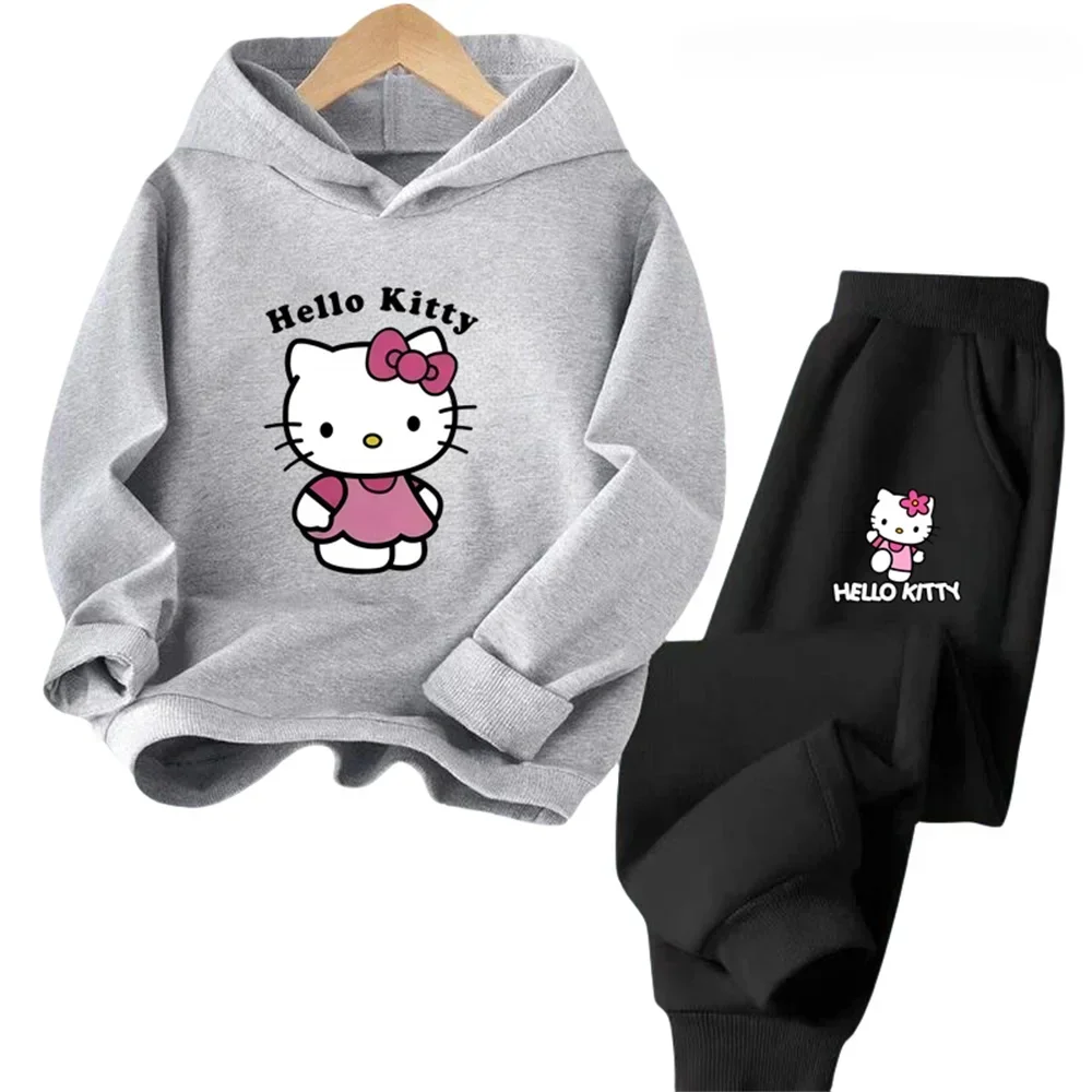 thumbnail image 1 of Conjunto de 2 piezas de sudadera y pantalones con estampado de dibujos animados de Hello Kitty Kawaii, ropa de primavera y otoño para niños y niñas, chándal de moda para niños, 1 of 5