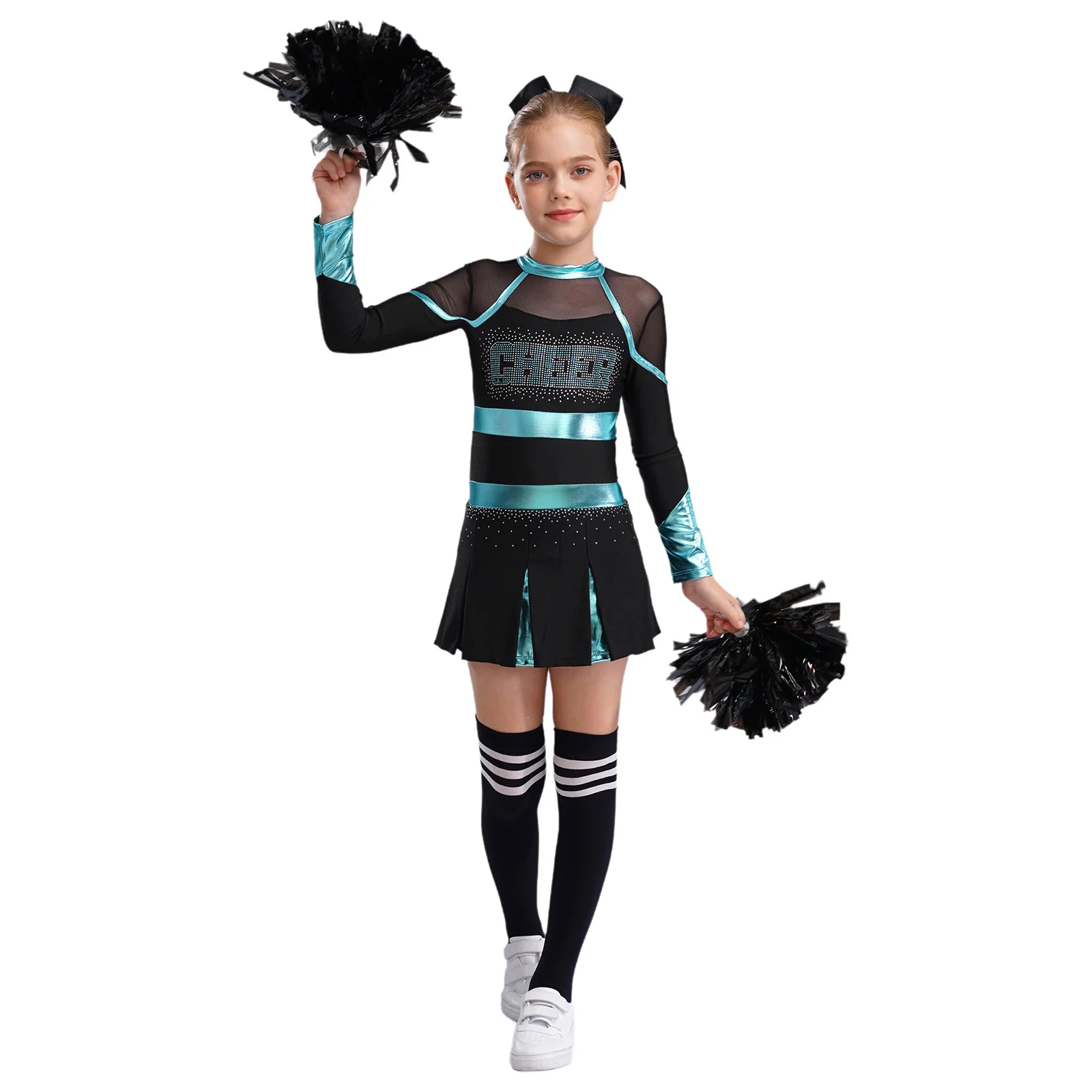 Kinder Mädchen Cheerleader Kostüm Musical Cheerleading Uniform Schulmädchen Glitzerndes Strass Metallic Langarm Plissee Kleid – Detail 24
