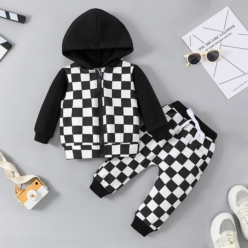 

6M-3Y Baby Boy 2Pcs Outfits Checkerboard Print Long Sleeve Zip Hoodie Sweatshirt and Elastic Pants for Toddler Fall Clothes