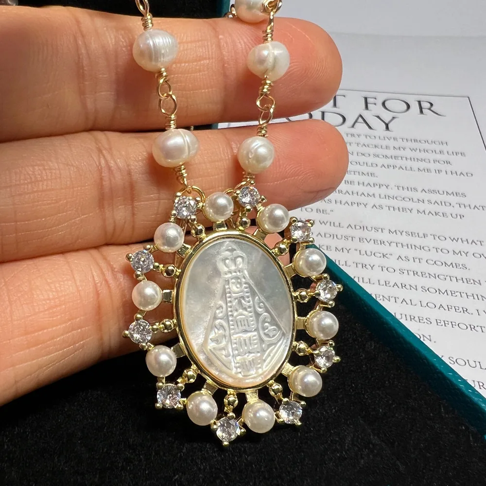 Pearl Our Lady of Guadalupe Cross Necklace 2