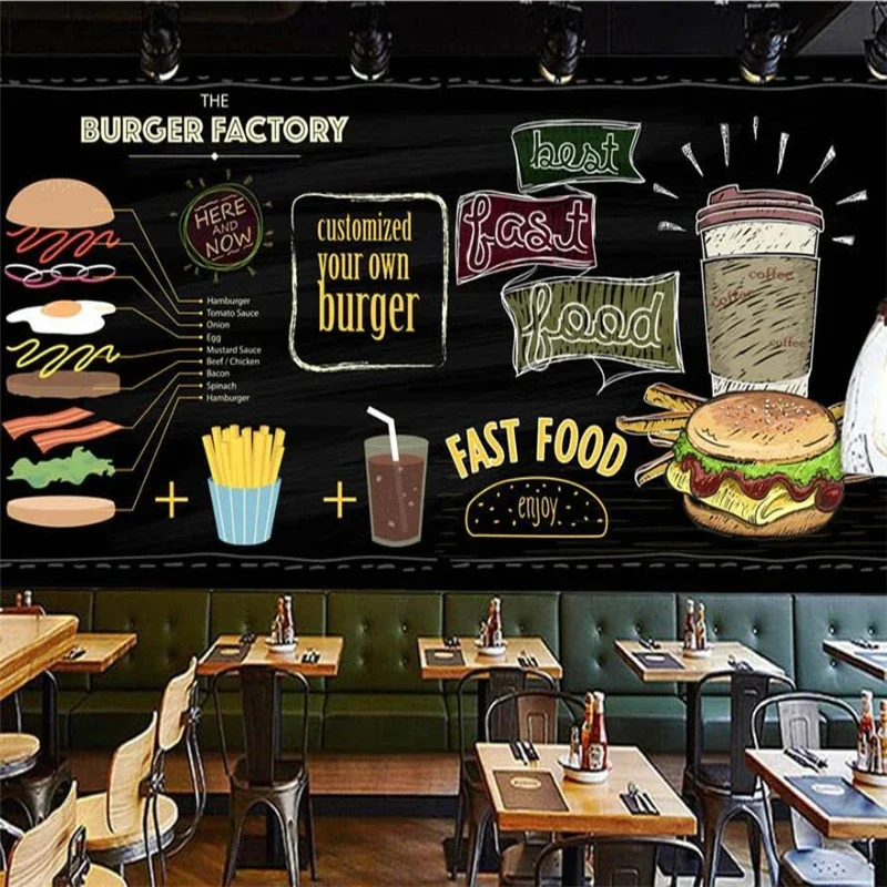 Carta Da Parati Personalizzata 3D Murale Europeo E Americano Dipinto A Mano Hamburger Fast Food Snack Bar Formula Colore Gesso Lavagna Carta Da Parati