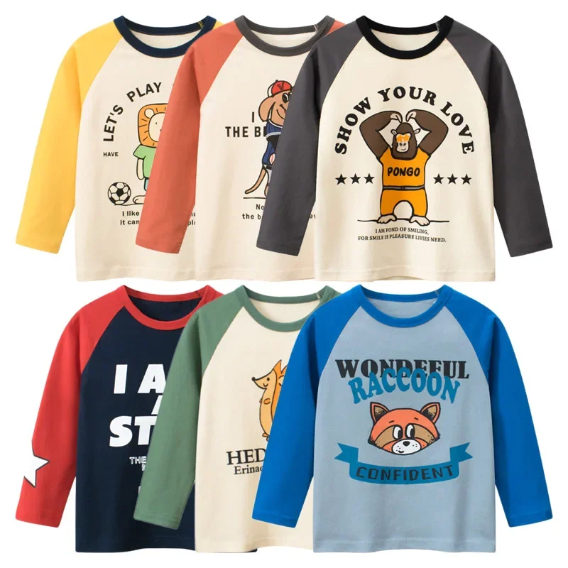 

2024 Spring Autumn Boys Clothes Cartoon Top Children's T-Shirt Casual Long Sleeve O-Neck Bottoming Shirt Monkey Lion Kids Outfit