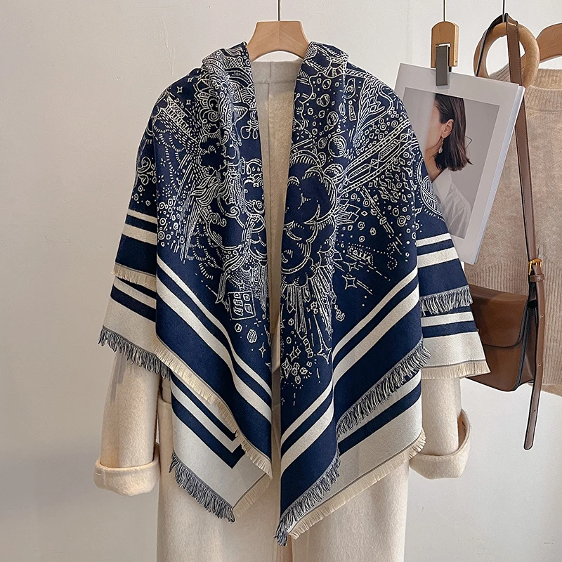 Women's Fashion Faux Cashmere Winter Scarf With Vintage Print And Tassels Soft Warm Shawl For Daily Wear Elegant Wrap Suitable