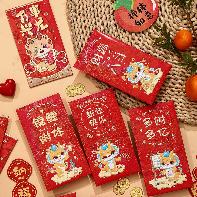

6PCS Chinese New Year 2024 Zodiac Cute Red Envelope Chinese Party Supplies Fortune Red Packet Creative Lucky Money Bag