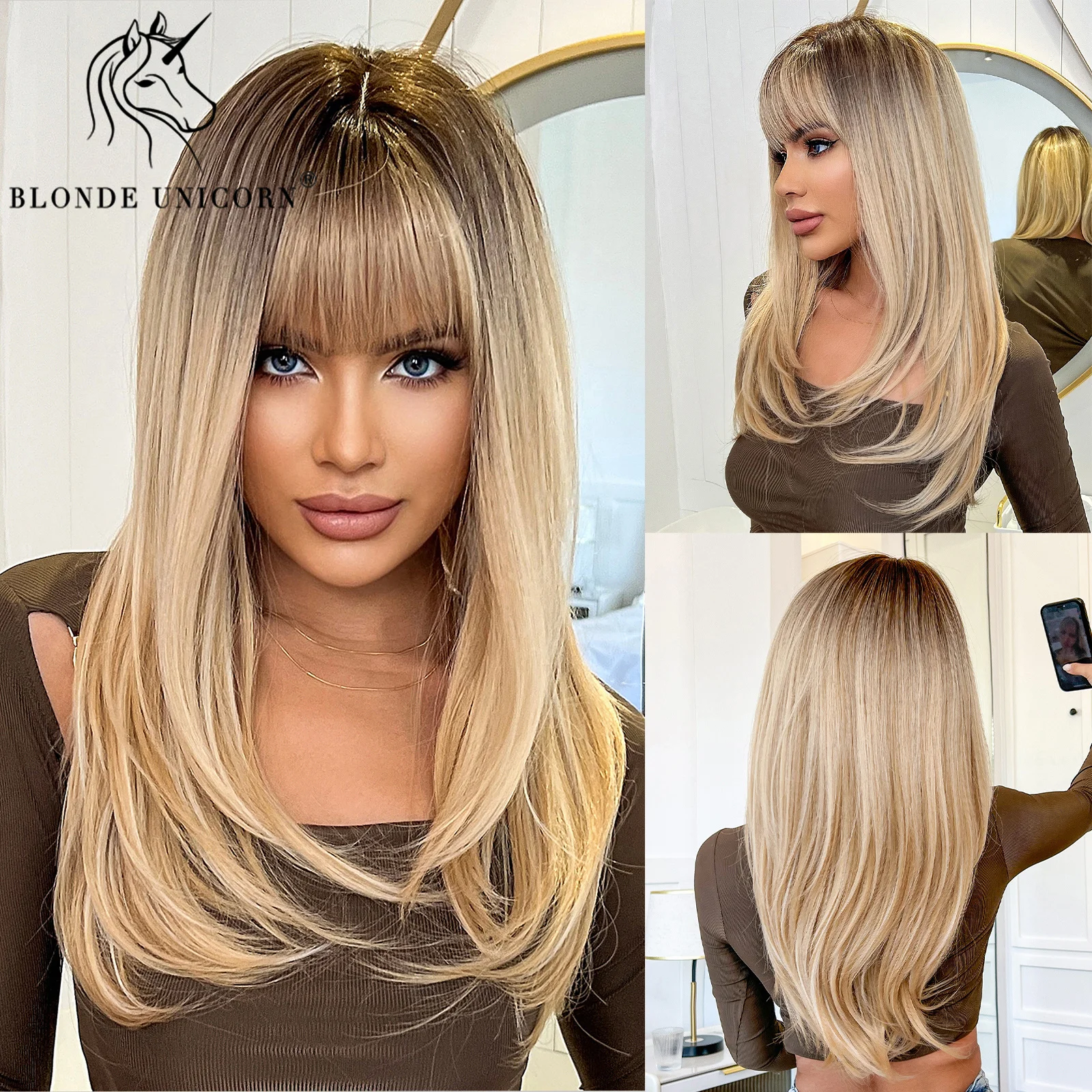 Smiffys Peluca Glamourama Rubia – Larga, Recta Con Flequillo, Para Disfraces Y Fiestas