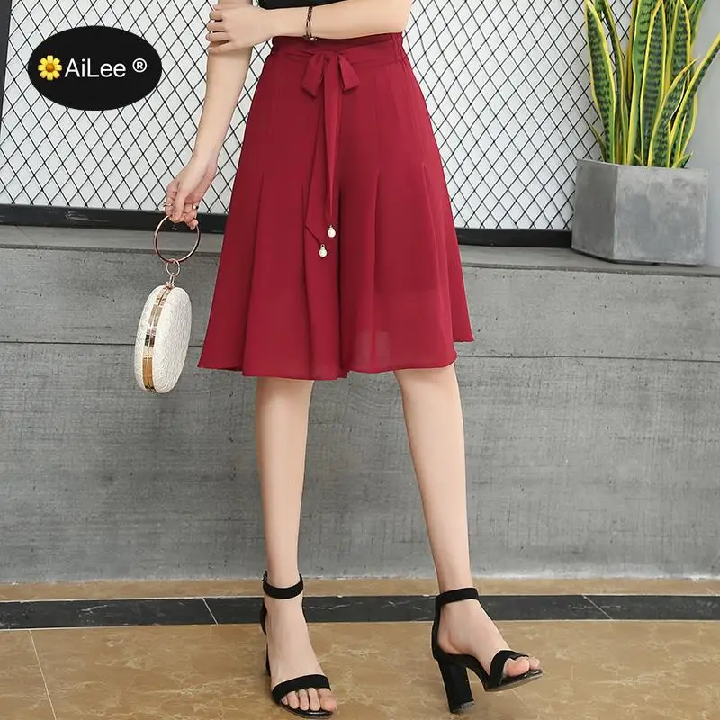 Oversize 5XL Summer Women's Pleated Chiffon Shorts Skirts Office Style Loose Casual Wide Leg Knee Length Short Drawstring Shorts