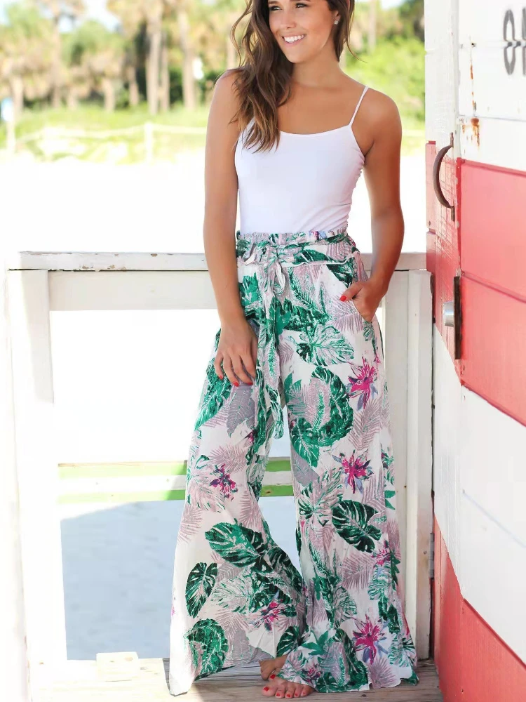 

Spring and Summer New Temperament National Style Casual Loose Women's Pants Printed Lace Up Pocket Women's Pants Wide Leg Pants