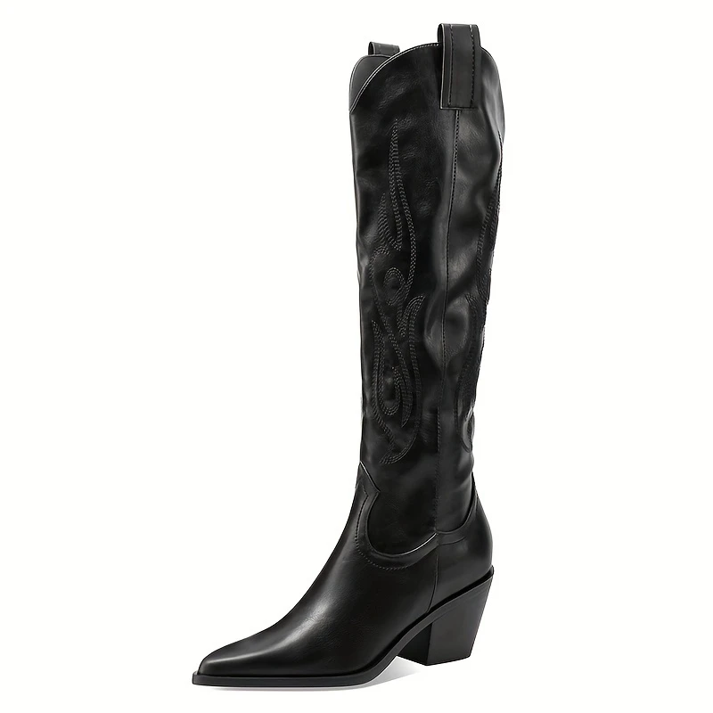 Women's Western Mid calf Pointed Head Large Denim Embroidered Flame High Heels Over Knee Gothic Boots