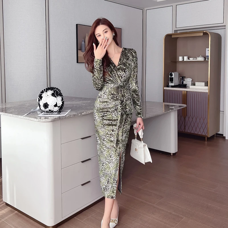 

Women V Neck Women's Clothing Leopard Print Hip Wrap Dresses Female Vestidos De Mujer Elegant Autumn Clothes Long Sleeve Dress