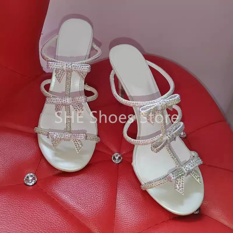 

Rhinestone Butterfly-Knot Decor Slippers for Women Open Toe Thin Heel One Strap Sandals Ladies Dress Shoes Summer Hight Heels