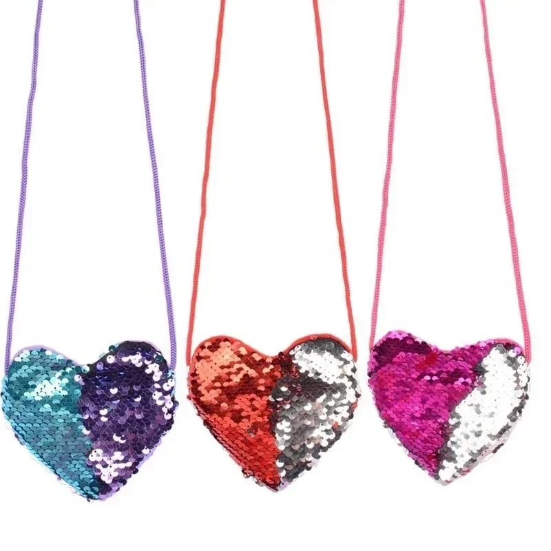 Princess Sequins Heart Shape Baby Bag Cute Solid Color Kid Coin Purse for Girl Shiny Children Shoulder HandBags Backpack