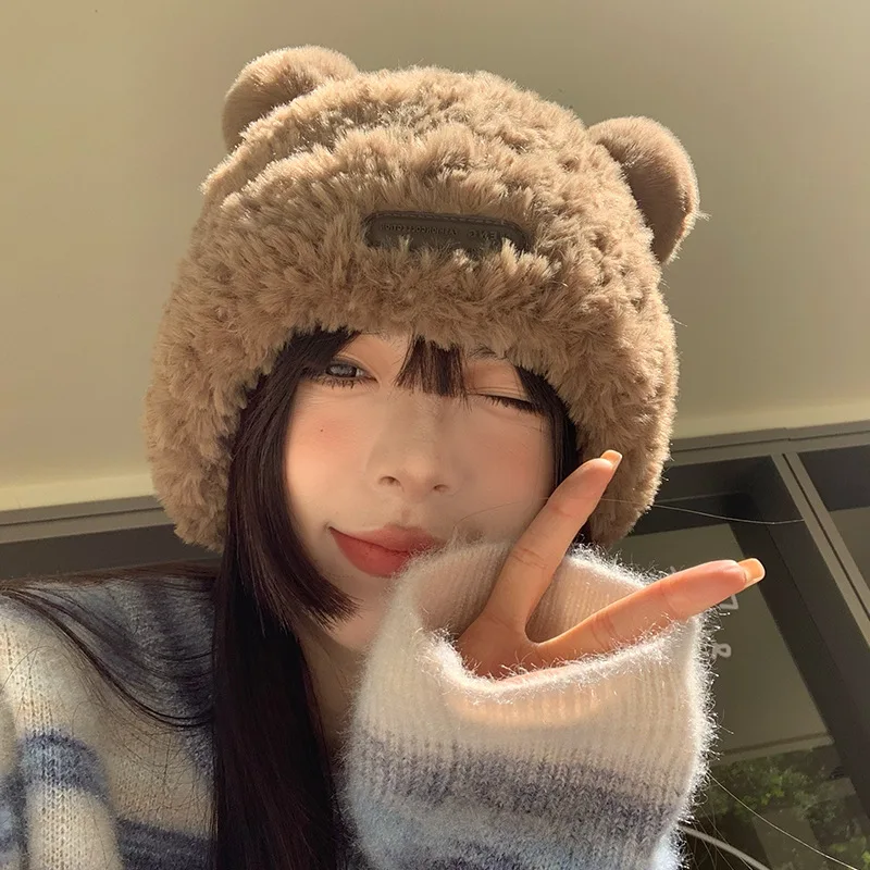 Hats Winter Knitted Hats Pile Hats Big Head Circumference Soft and Waxy Cute Bear Ears Plush Hat Autumn and Winter Warm Hat