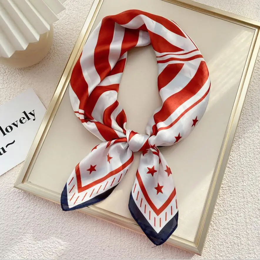 

New Silk Satin Headband Scarf Women Striped Stars Print Neckerchief Girl Hair Hand Bag Foulard Shawl Wraps Bandana Scarves 70cm