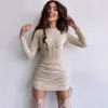 Shirring Mesh Hollow Out Bodycon Dress Women O Neck Long Sleeve Mini Vestidos Ribbed Hot Sexy Dresses Fashion High Street Wear 1