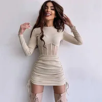 Shirring Mesh Hollow Out Bodycon Dress Women O Neck Long Sleeve Mini Vestidos Ribbed Hot Sexy Dresses Fashion High Street Wear 1