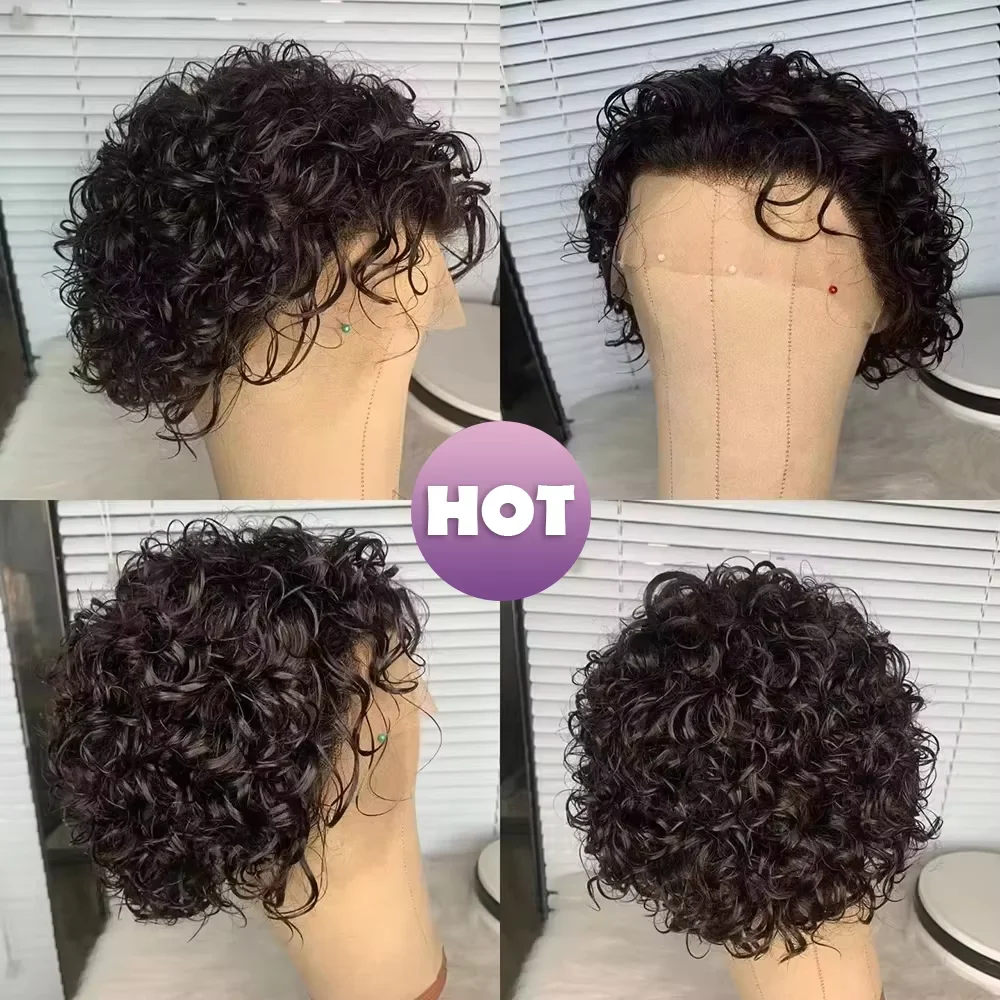 Pixie Cut Wig Transparent Lace Front Human Hair Wig Short Kinky Curly Bob Wigs Brazilian Water Wave Human Hair Wigs For Women