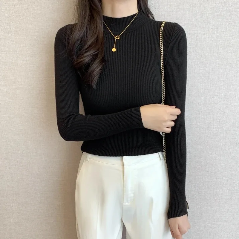 Fall Autumn and Winter New Lady's Semi-turtleneck Solid Color Long-sleeved Sweater Elegant Knitwear Slim-fitting Bottoming Shirt