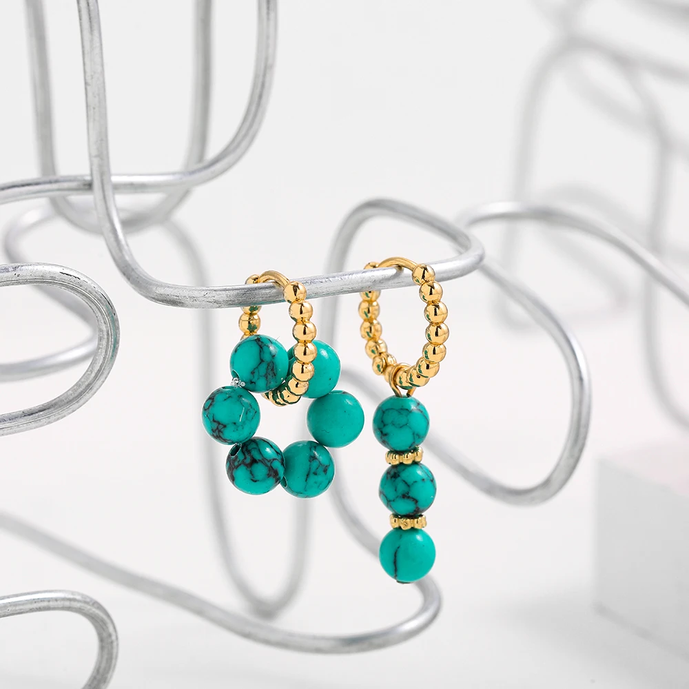보헤미안 수제 천연석 비즈 후프 귀걸이 여성을위한 골든 컬러 스테인레스 스틸 서클 Huggie Hoops Jewelry Bijoux