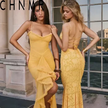 CHNMR Robe longue moulante élégante à volants et drapée pour femme, style Y2K, sexy, sans manches, sans bretelles, à bandes, de luxe, pour soirée