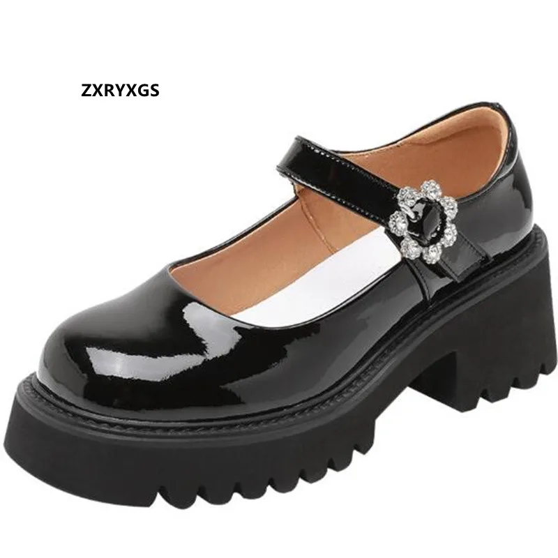

2022 New Spring Cowhide Patent Leather Shoes Thick-soled High Heels Non-slip Big Size Rhinestones Fashion Shoes Women Tide Shoes