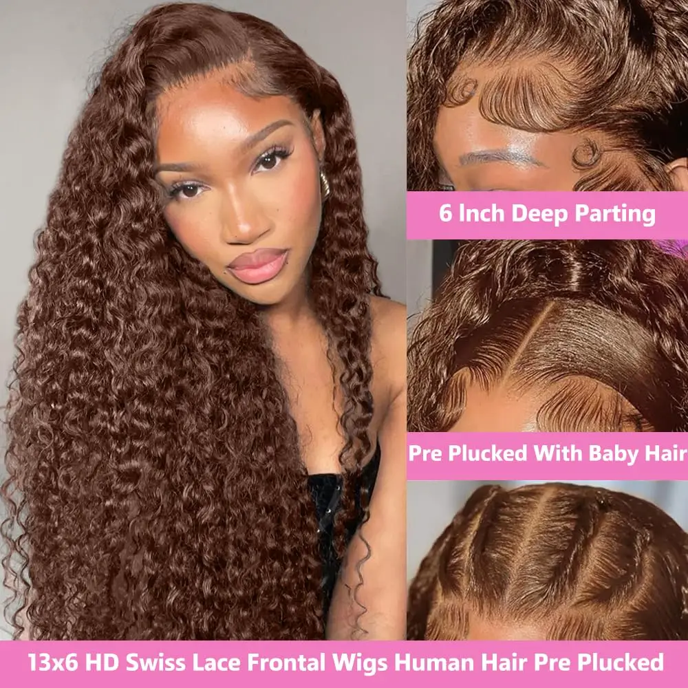 Chocolate Brown 40 Inch Water Wave Curly Lace Front Wigs 13x4 13x6 HD Deep Wave Frontal Wig 5x5 Human Hair Wigs For Women 2
