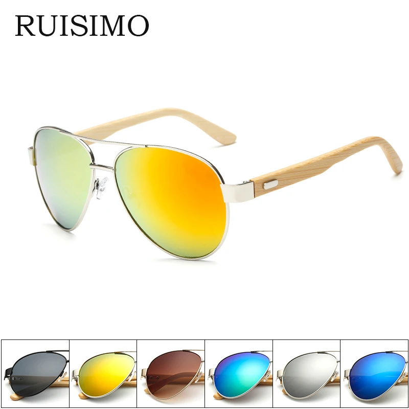 RUISIMO Bamboo pilot Sunglasses Men Wooden metal Women pilot Brand Designer Mirror Original Sun Glasses drive retro de sol reader sunglasses