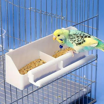 Bird Food Feeder Parrot Hanging Food and Water Bowl Double Grid Food Dispenser For Parrots Parakeets Pigeons
