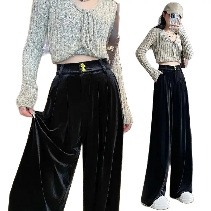 

2023 New Spring Autumn Gold Velvet Black Suit Wide Leg Pants for Women Winter High Waisted Draped Straight Tube Casual Pants 961