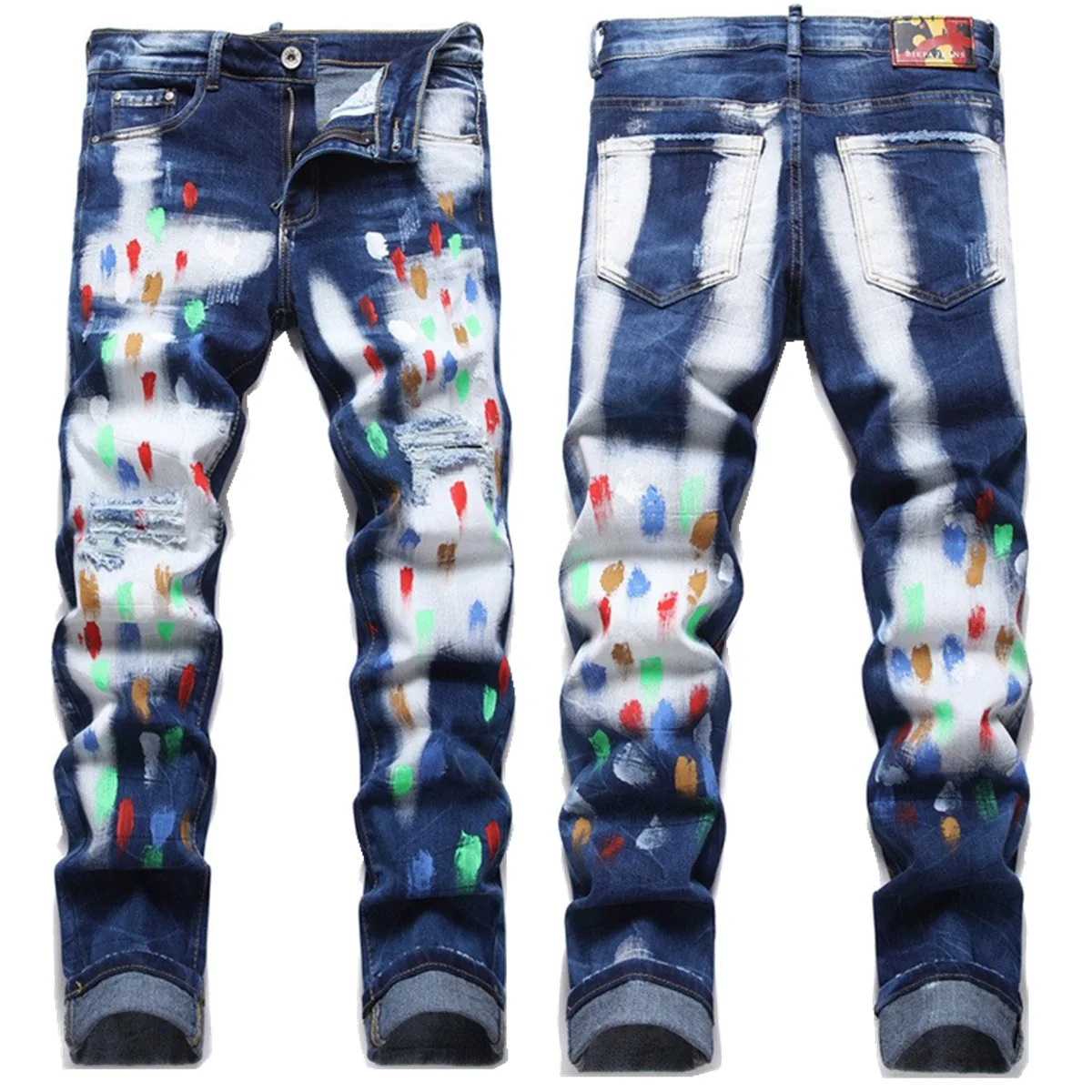 

FUAMOS New Personalized Fashion Ripped Hole Paint White Jeans Men's Street Punk Trendy European American Cotton Blue Denim Pants