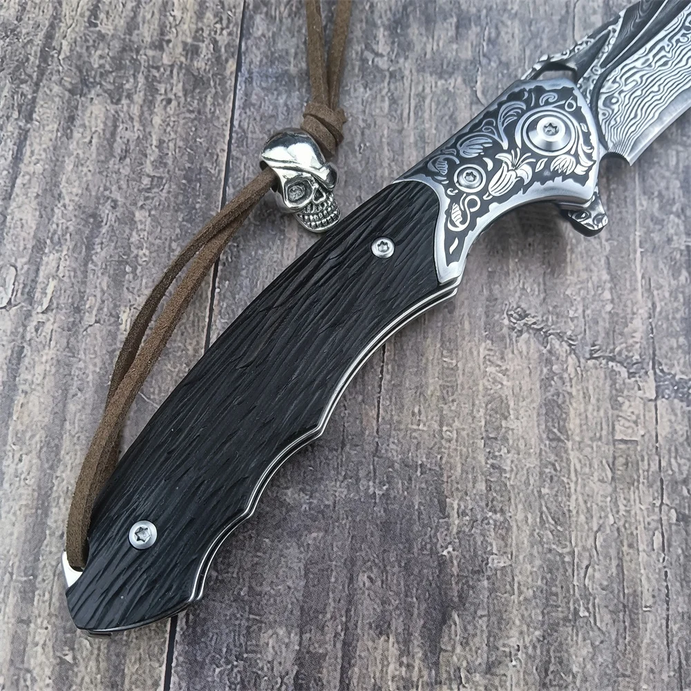 Black Bear Damascus Knife Folding Pocket Knife Damascus Steel Blade Ebony Handle Outdoor EDC Survival Camping Tool with Sheath 4