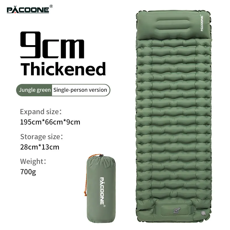 PACOONE-colchón inflable para acampar al aire libre, colchoneta para dormir con almohadas, colchoneta de aire ultraligera, bomba infladora integrada para senderismo