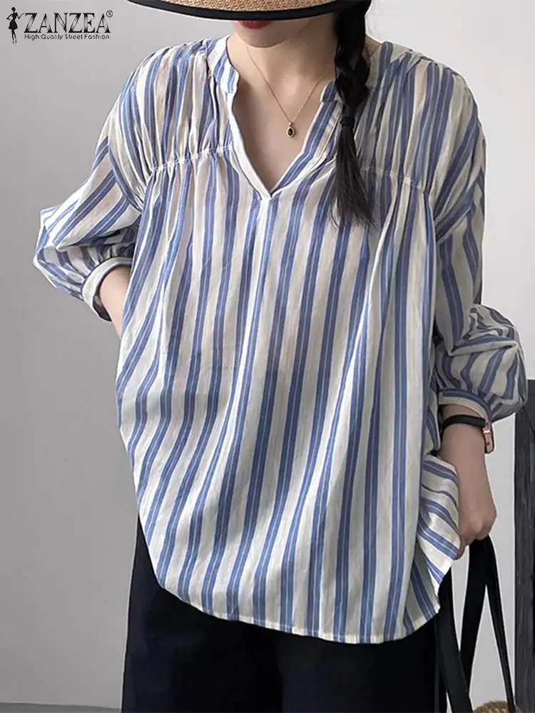 

ZANZEA Bohemian Stripe Printed Blouse Woman Casual Puff Sleeve Shirt Autumn Fashion Holiday Chemise Elegant V-Neck Tunic Tops